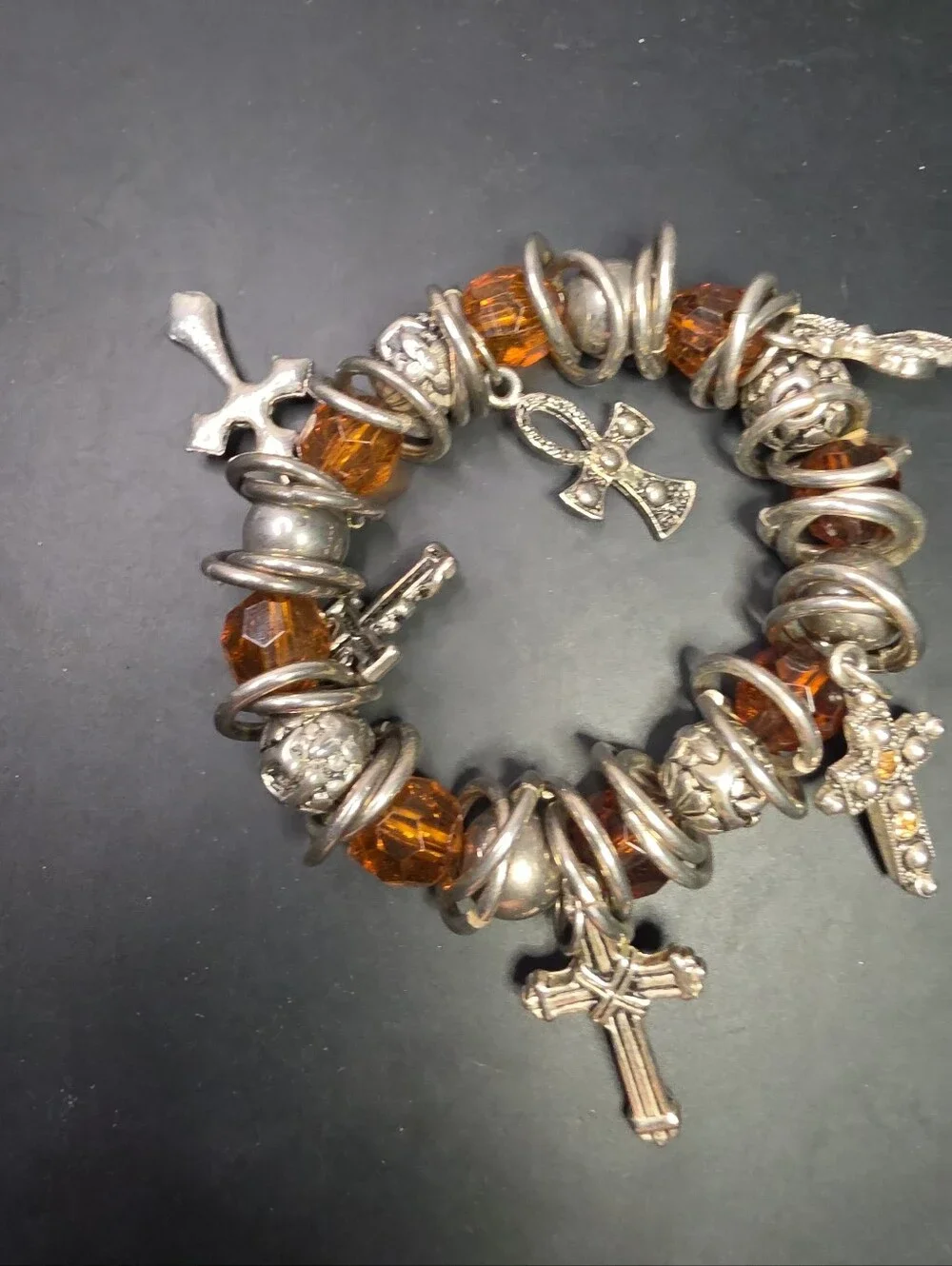 Amber Glass Bead Cross Charm Stretch Bracelet - Women Jewelry